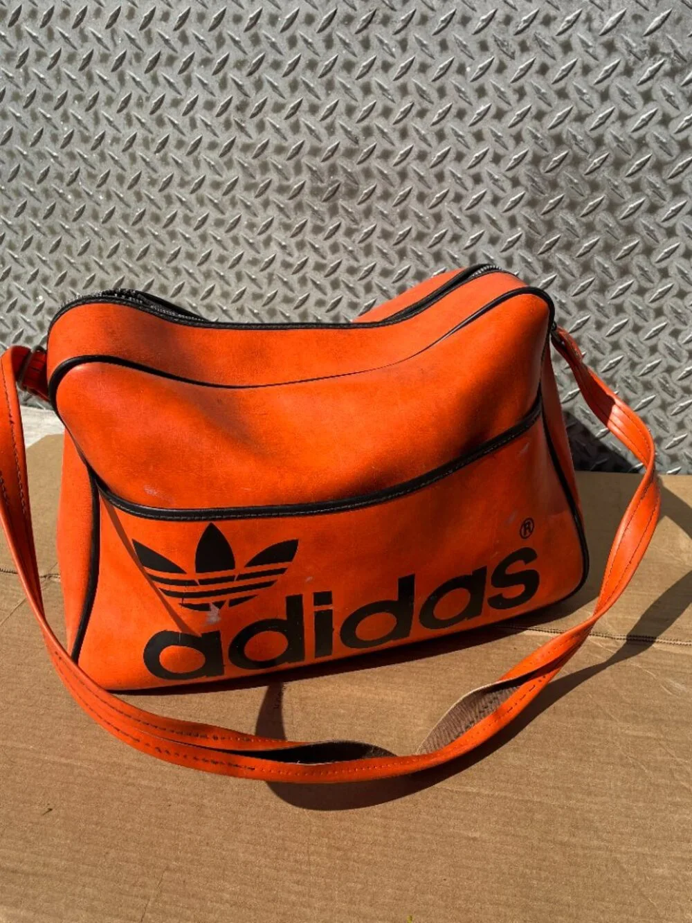 Vintage Adidas Originals Airliner Bag Orange Leather Trefoil Logo 1970s